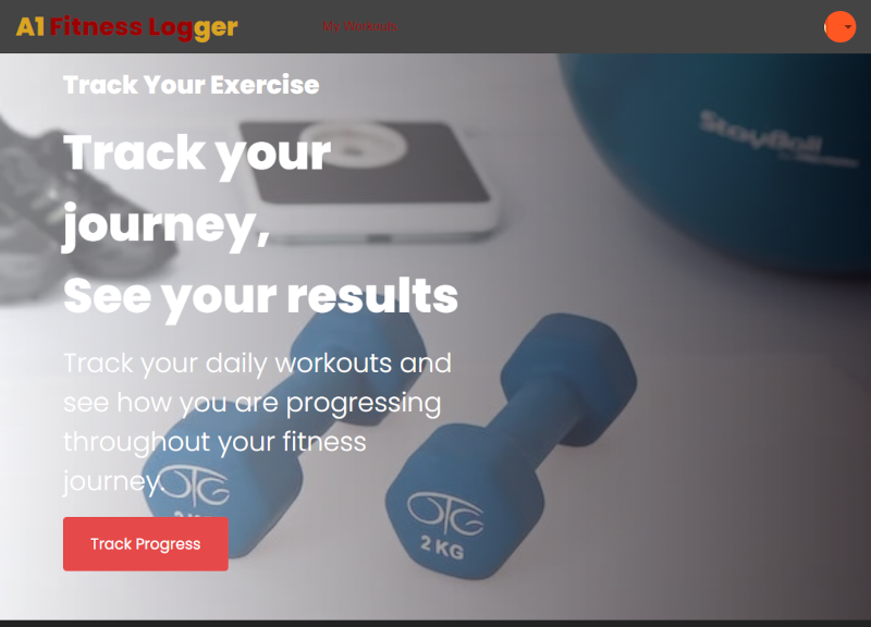 a1 fitness logger app homepage with fitness equipment as a background